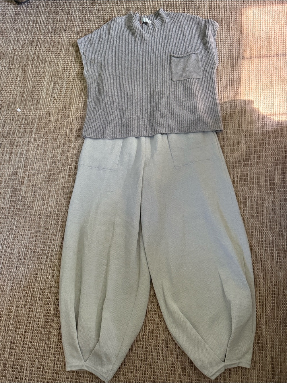 Free People Beach Freya Light Gray Knit Top with Wide Leg Pants Set size Large
